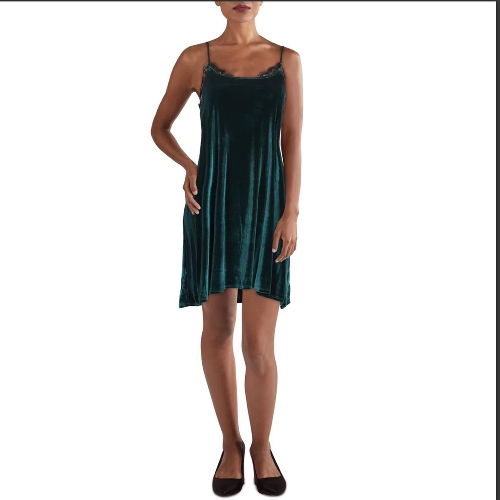 Anthropologie Maronie Green Velour Black Lace Slip Dress